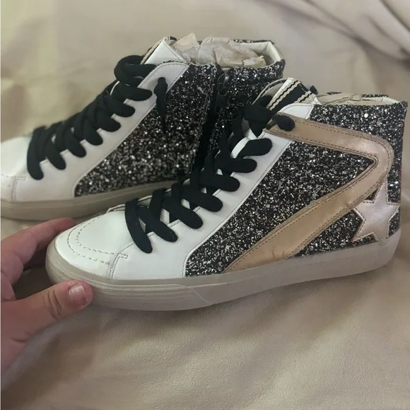 ShuShop Glitter High-Top Sneakers - Black, White, Gold - Picture 2 of 4